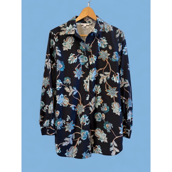 Chico's Tops - Chico's Black/Blue Floral Collared Button Down Blouse LS Size 1.5 (US 10) Office